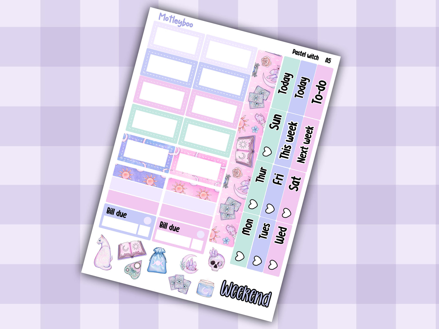 Hobonichi cousin, weekly planner sticker kit, pastel goth, pastel witch