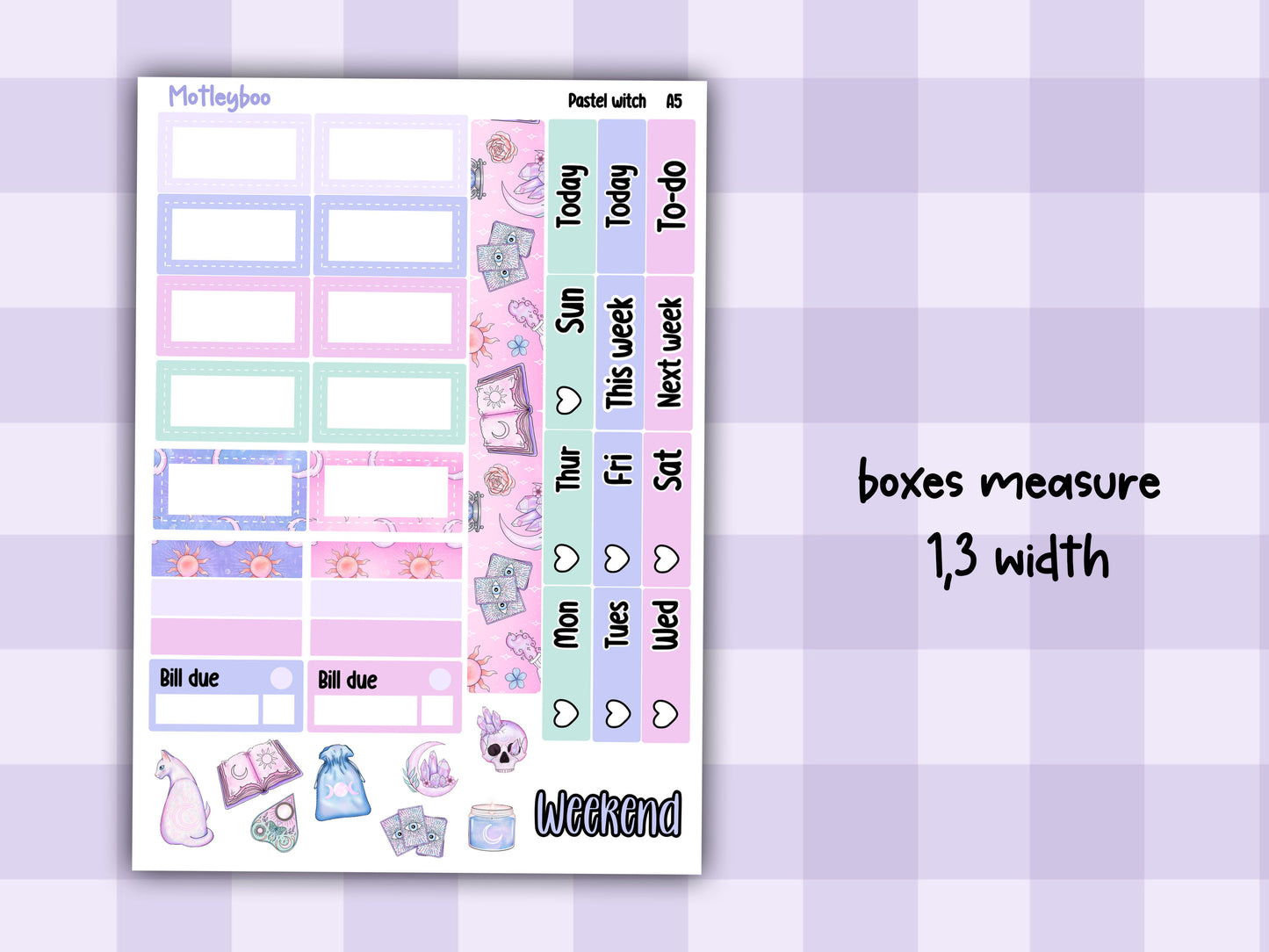 Hobonichi cousin, weekly planner sticker kit, pastel goth, pastel witch