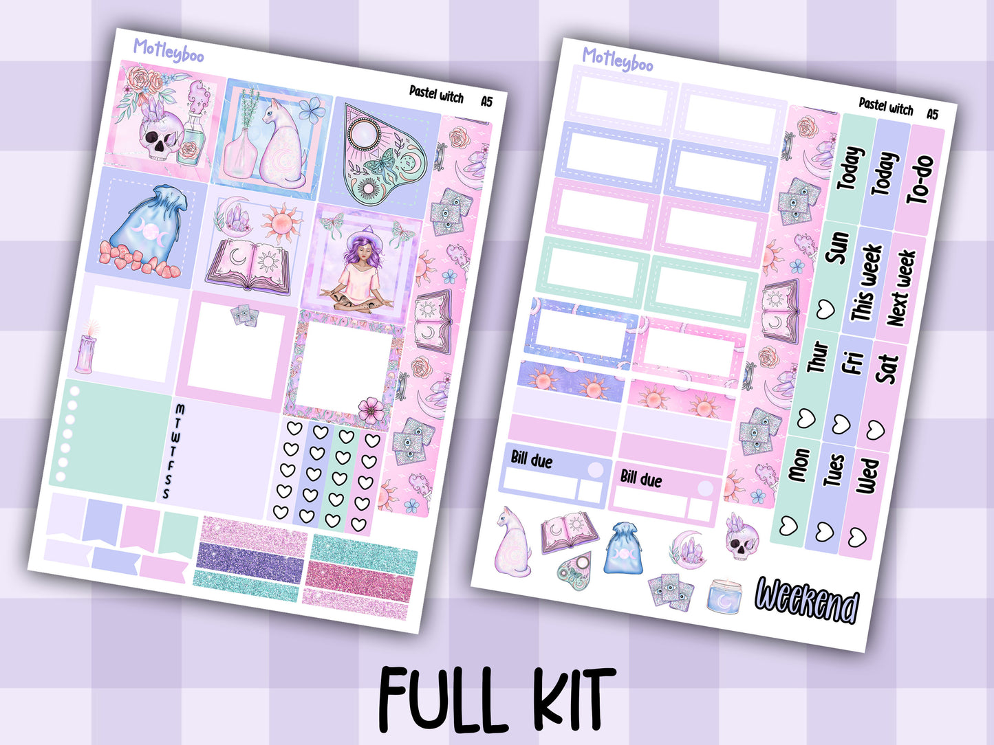 Hobonichi cousin, weekly planner sticker kit, pastel goth, pastel witch