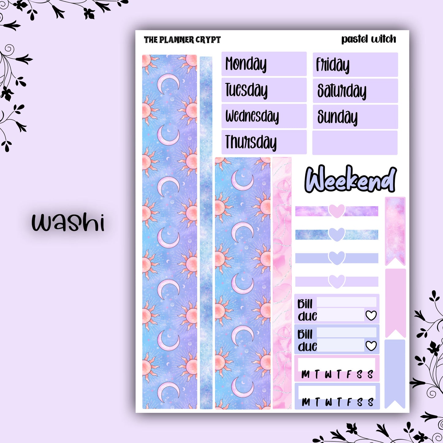 Weekly planner sticker kit, vertical planner stickers, goth planner, functional stickers, weekly planner, pastel witch
