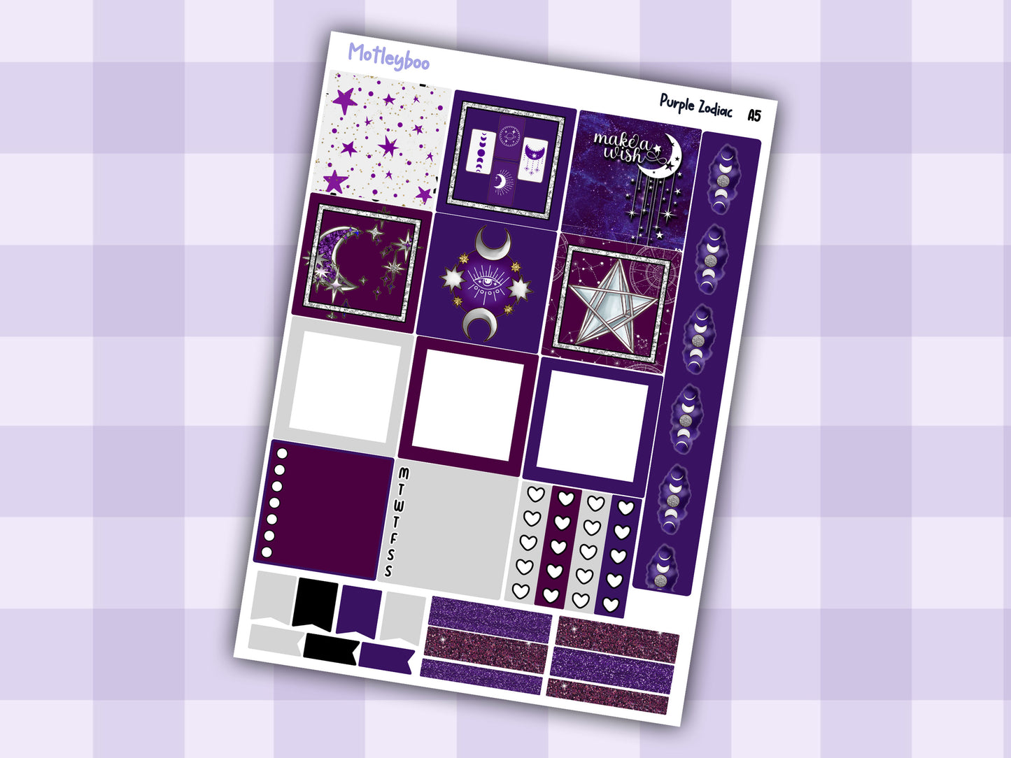 A5 Celestial Hobonichi cousin planner sticker kit, Purple Zodiac