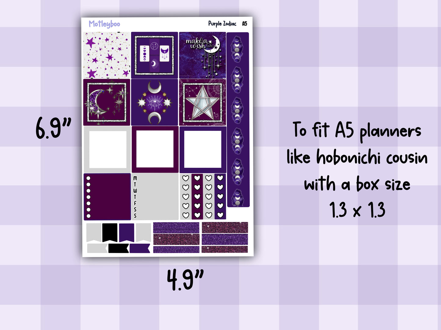 A5 Celestial Hobonichi cousin planner sticker kit, Purple Zodiac
