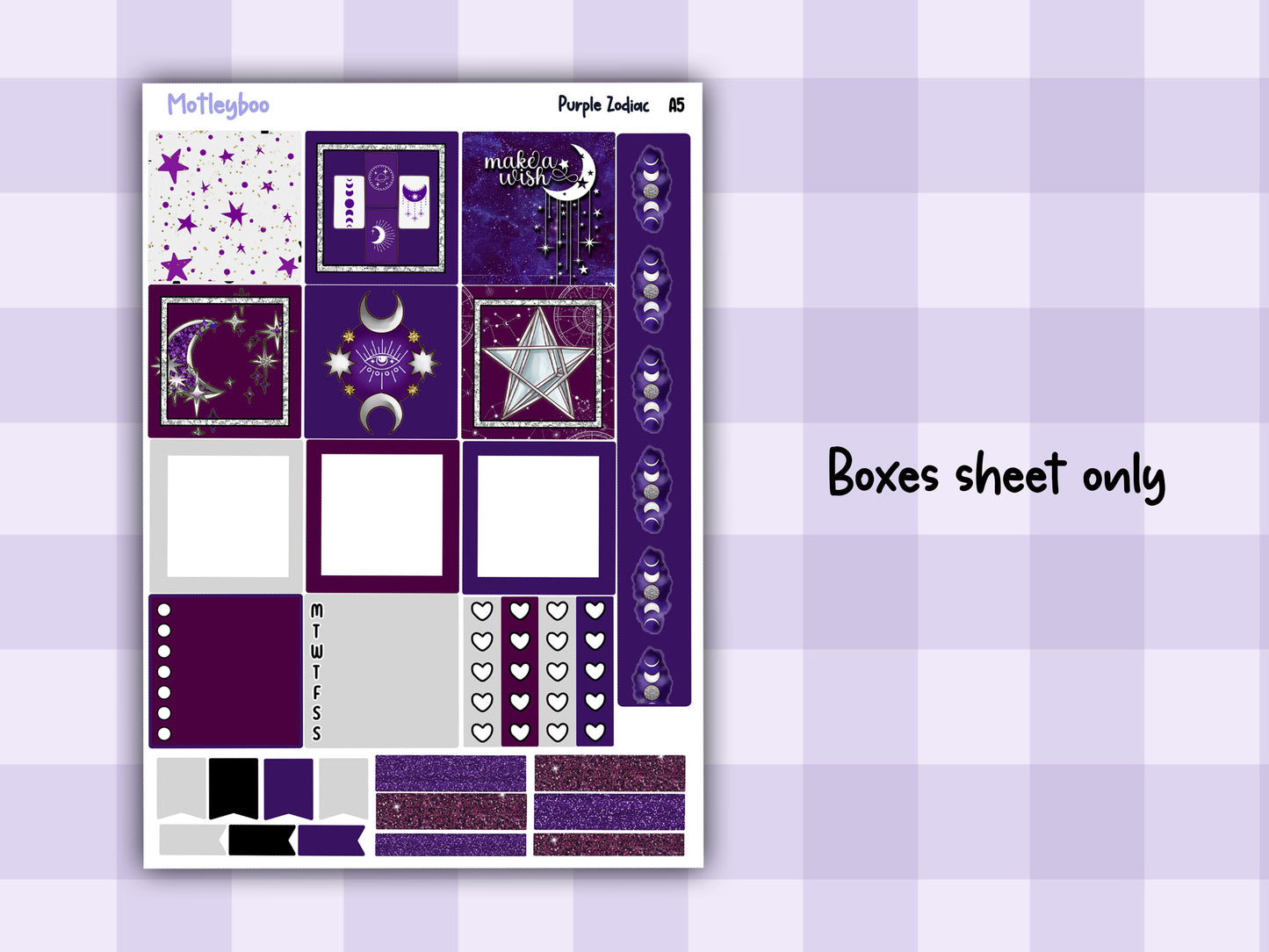 A5 Celestial Hobonichi cousin planner sticker kit, Purple Zodiac