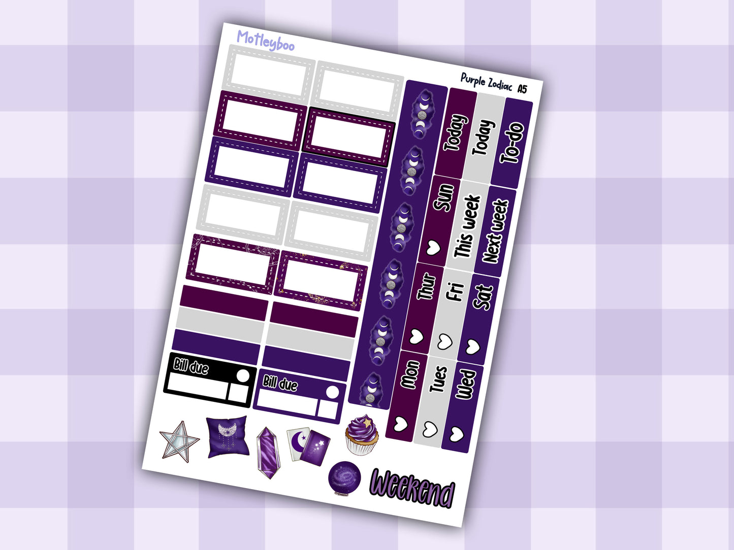 A5 Celestial Hobonichi cousin planner sticker kit, Purple Zodiac