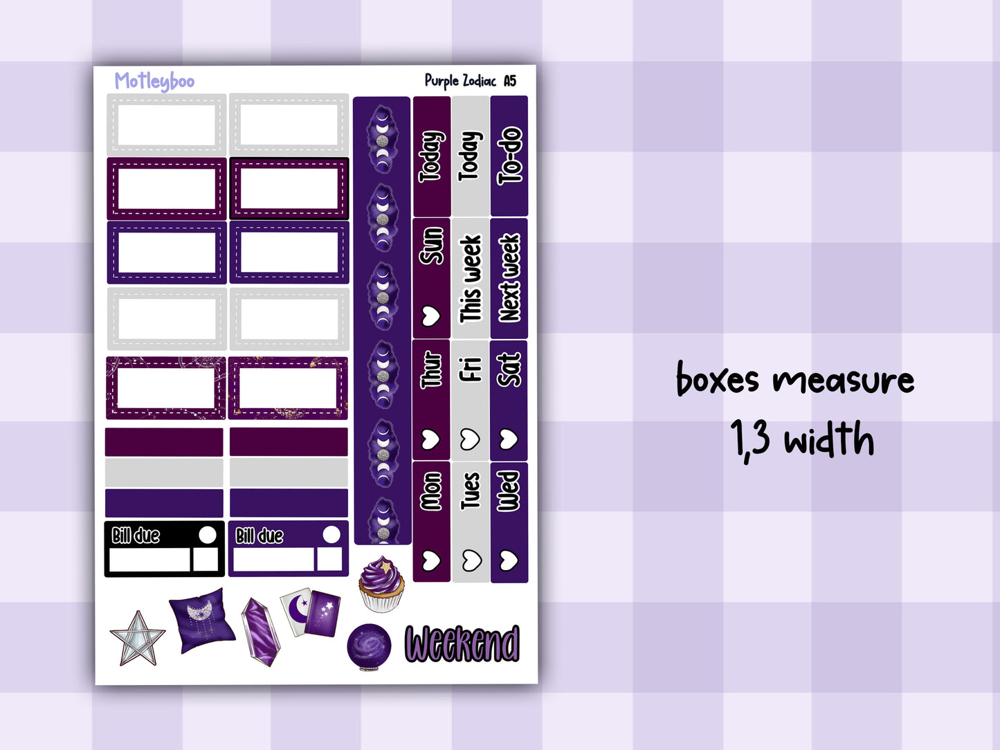 A5 Celestial Hobonichi cousin planner sticker kit, Purple Zodiac