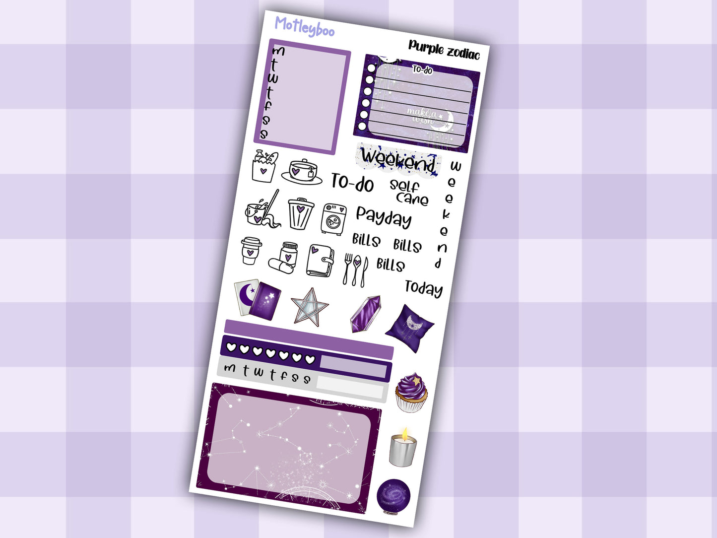Hobonichi weeks, sticker kit, hobonichi planner, purple zodiac, celestial stickers, witchy planner, hobonichi functional stickers