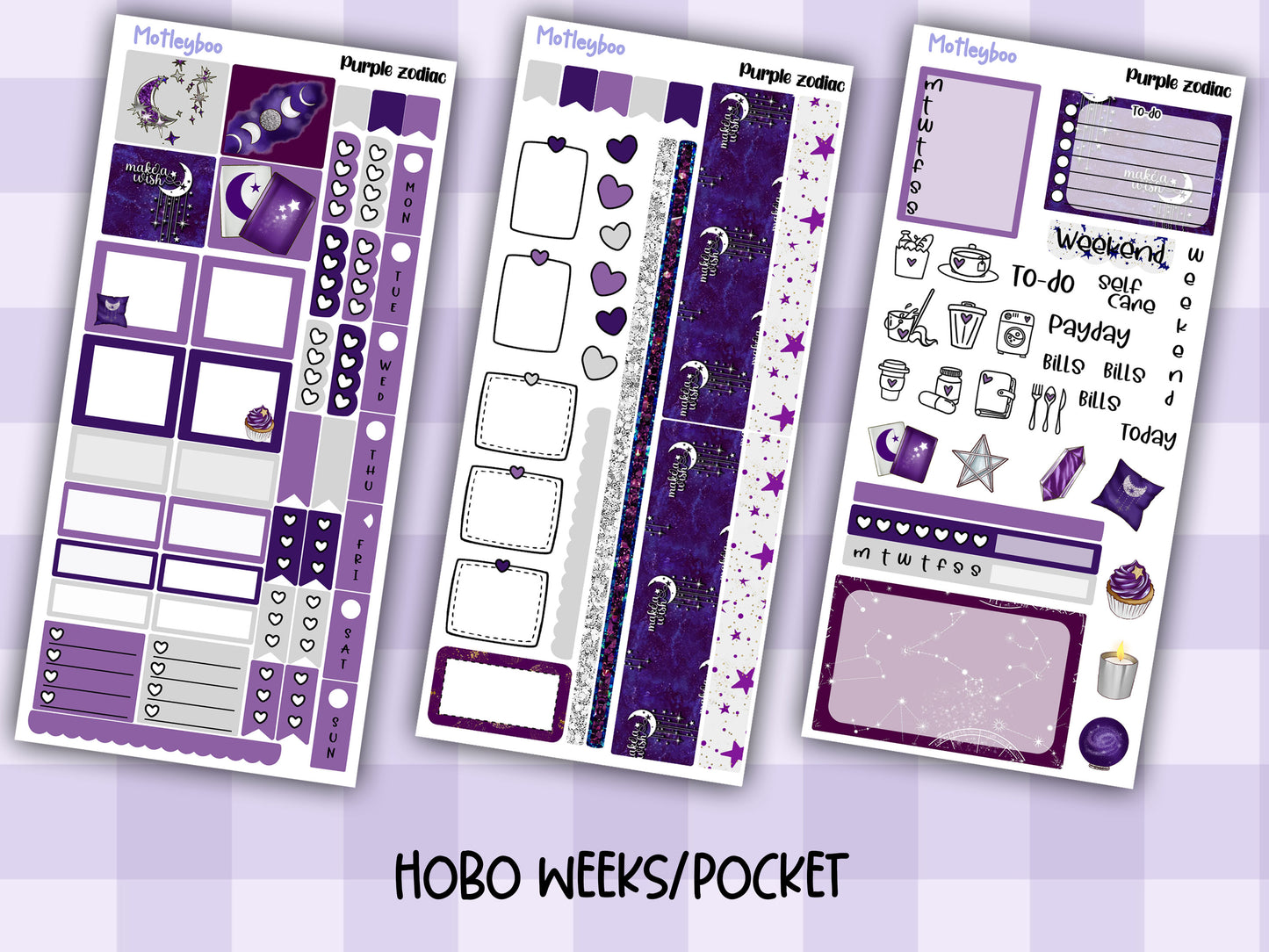Hobonichi weeks, sticker kit, hobonichi planner, purple zodiac, celestial stickers, witchy planner, hobonichi functional stickers