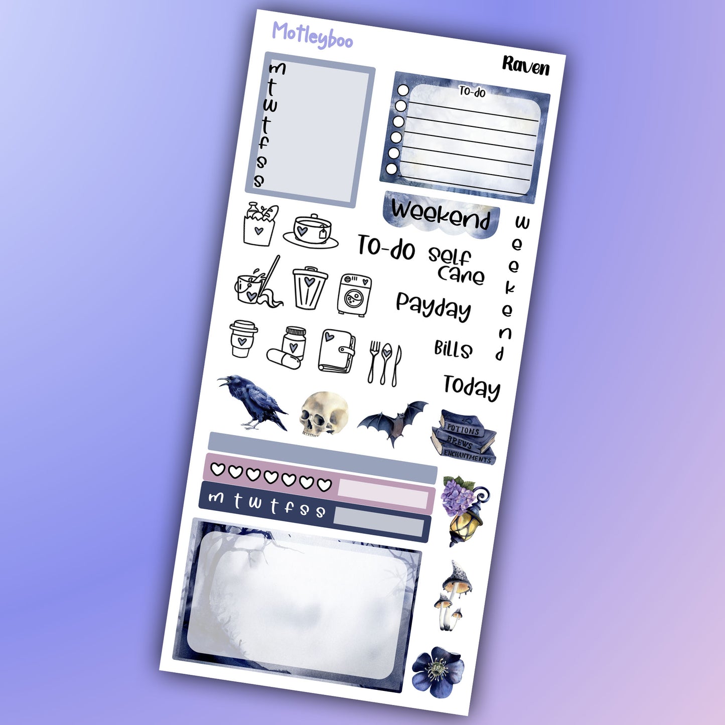 Gothic hobonichi weekly sticker kit, raven stickers, spooky stickers