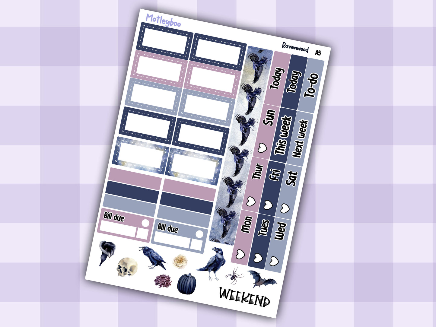 Hobonichi cousin, weekly planner sticker kit, SPOOKY GOTH HALLOWEEN, RAVENWOOD