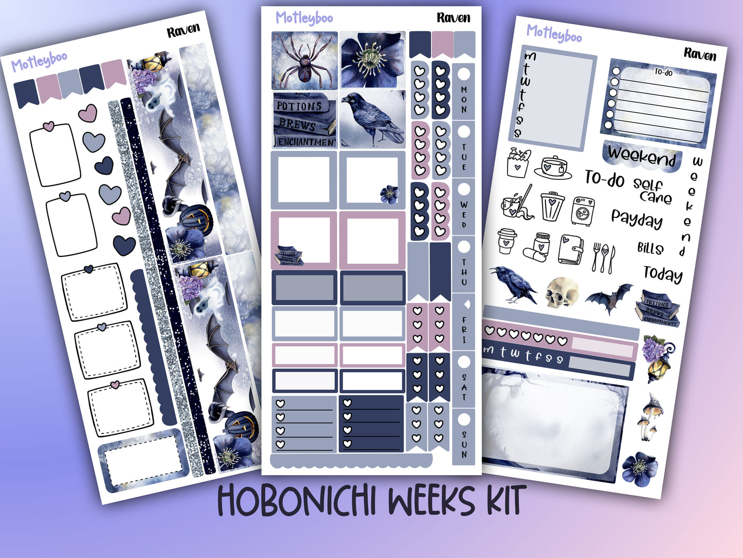 Gothic hobonichi weekly sticker kit, raven stickers, spooky stickers