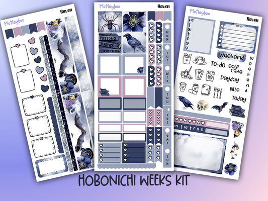 Gothic hobonichi weekly sticker kit, raven stickers, spooky stickers