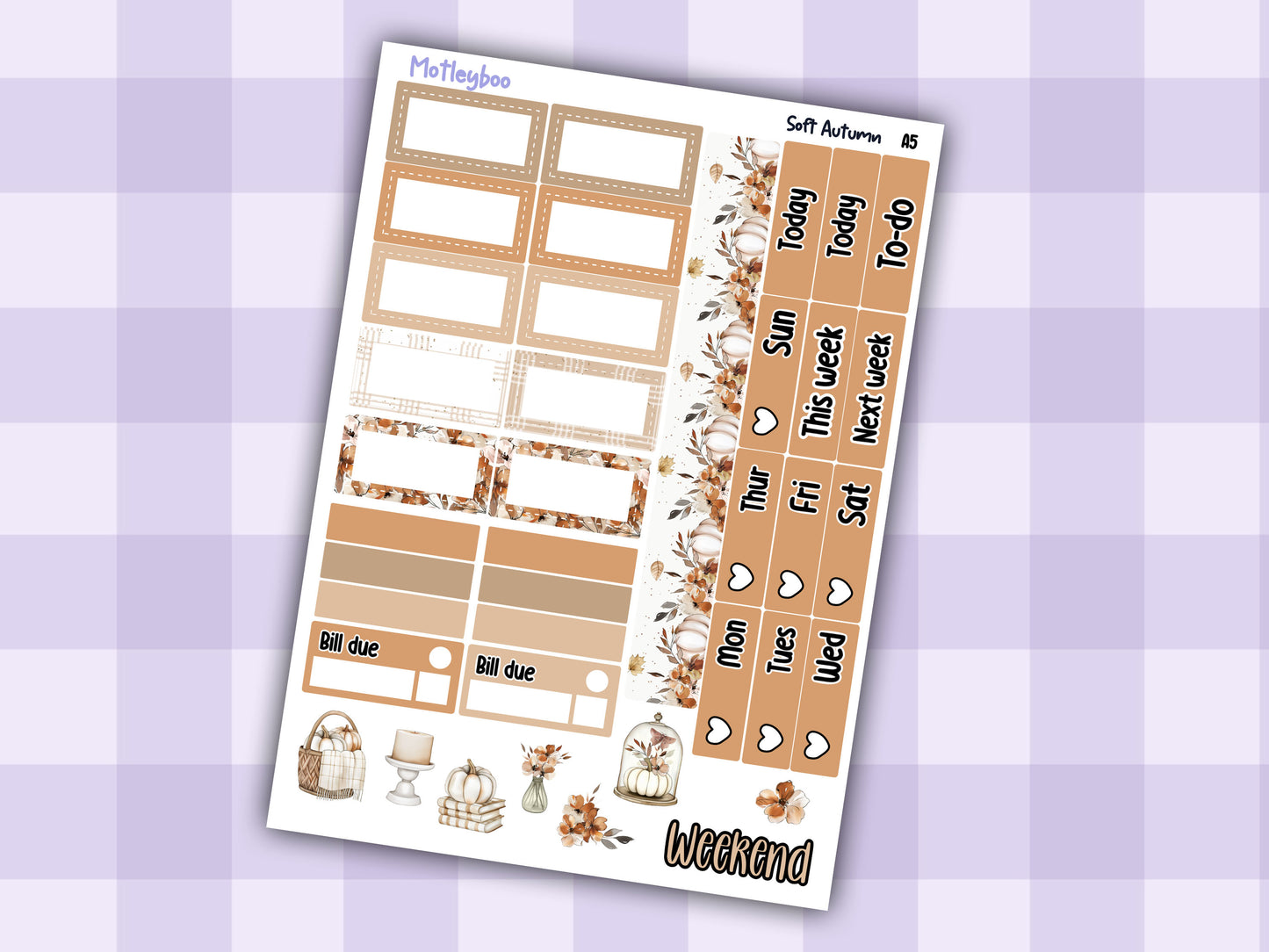 Hobonichi cousin, weekly planner sticker kit, Soft Autumn