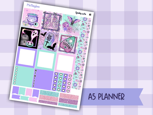A5 pastel goth Hobonichi cousin planner sticker kit, Spooky cute