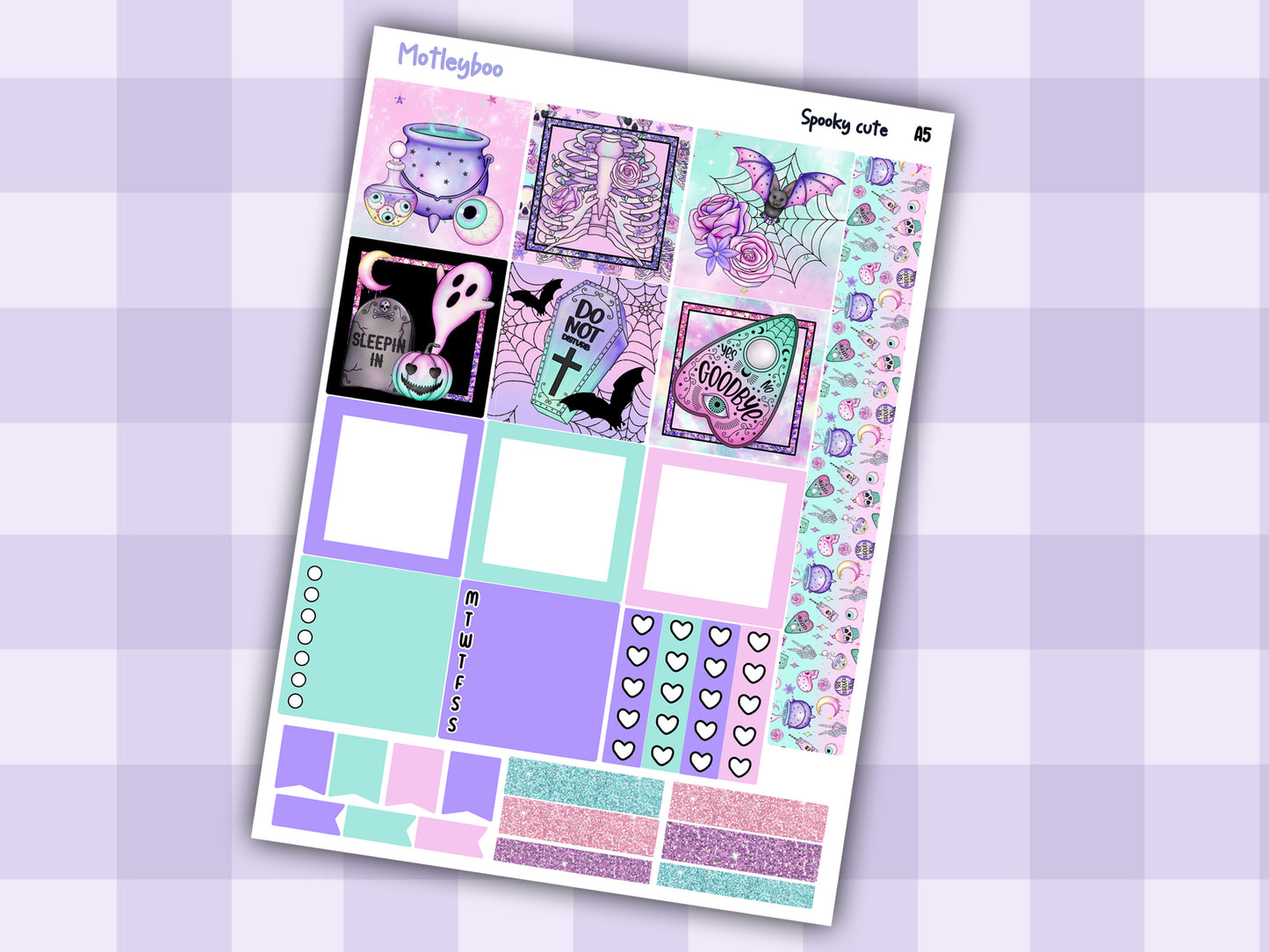 A5 pastel goth Hobonichi cousin planner sticker kit, Spooky cute