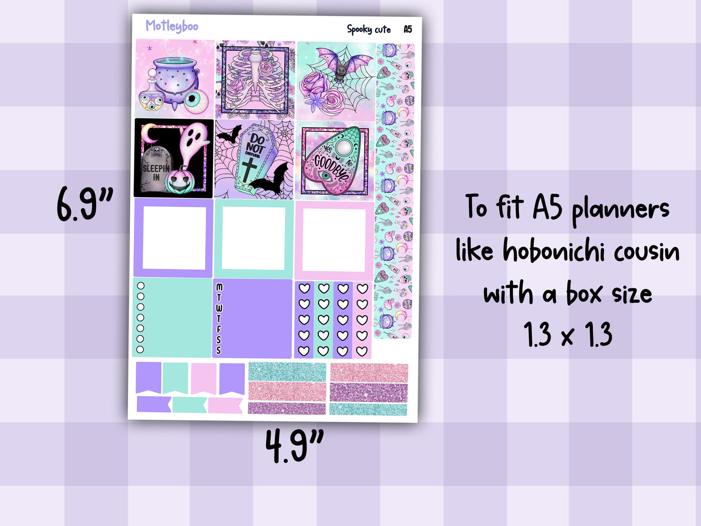 A5 pastel goth Hobonichi cousin planner sticker kit, Spooky cute