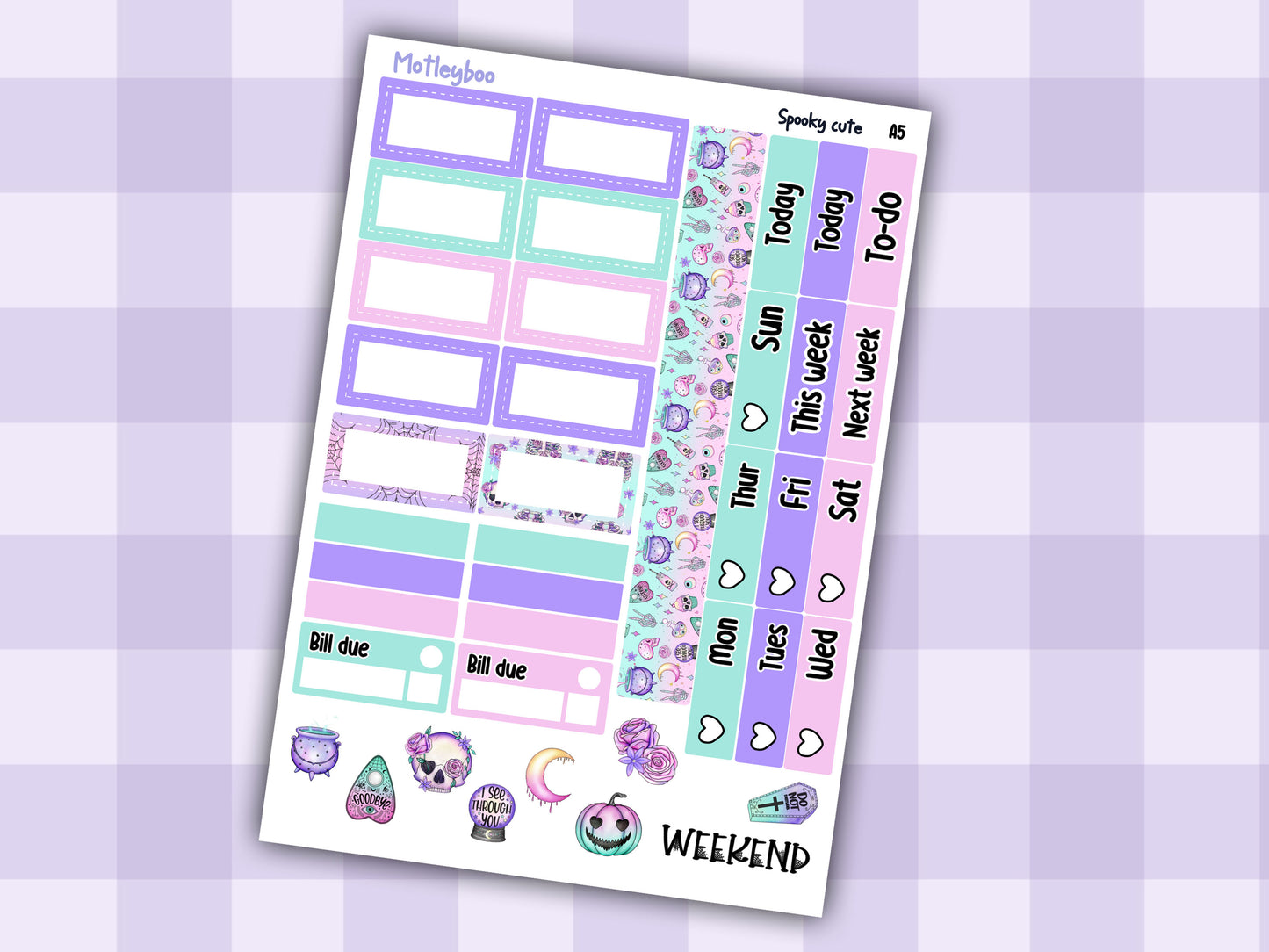 A5 pastel goth Hobonichi cousin planner sticker kit, Spooky cute