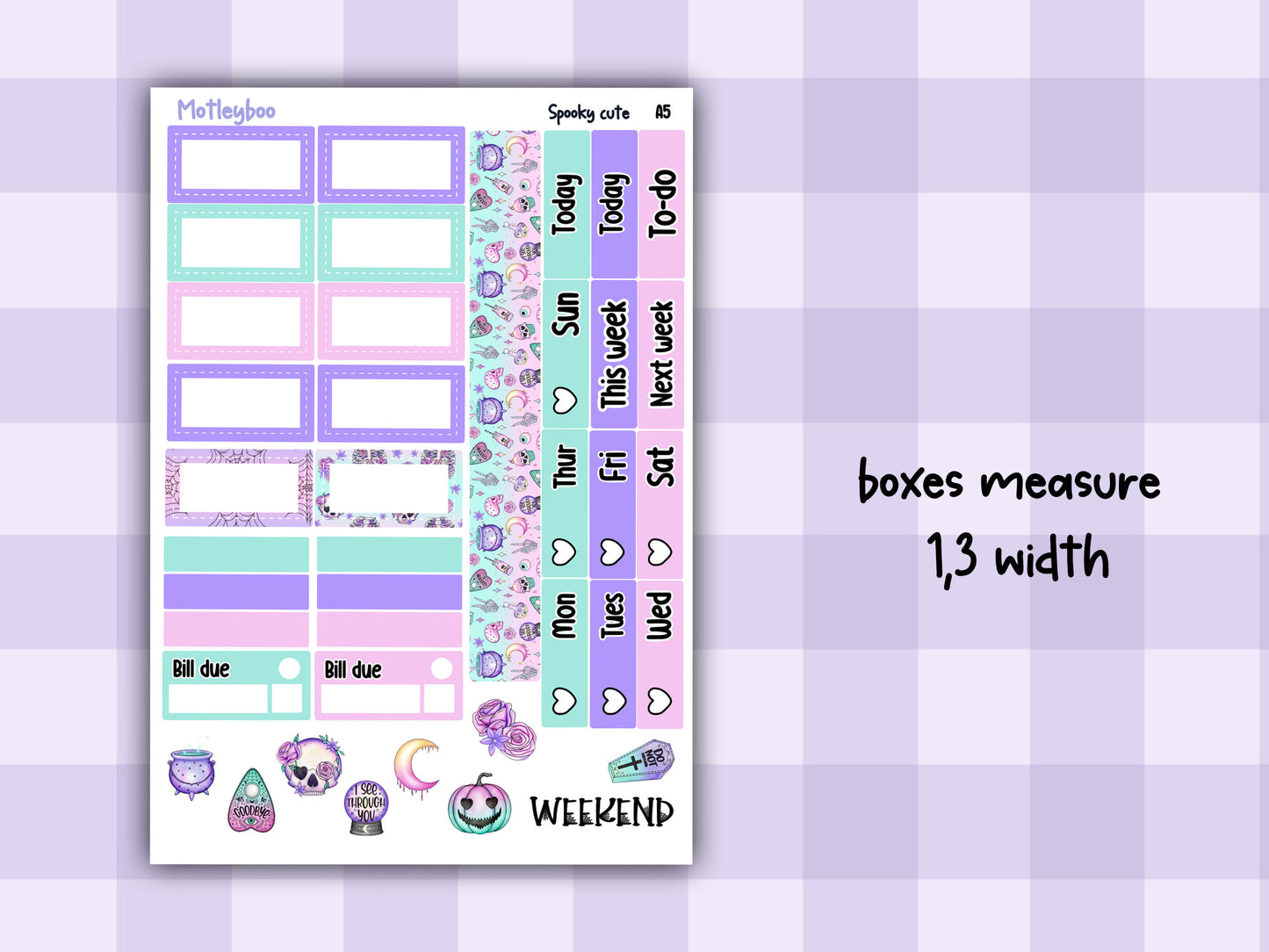 A5 pastel goth Hobonichi cousin planner sticker kit, Spooky cute