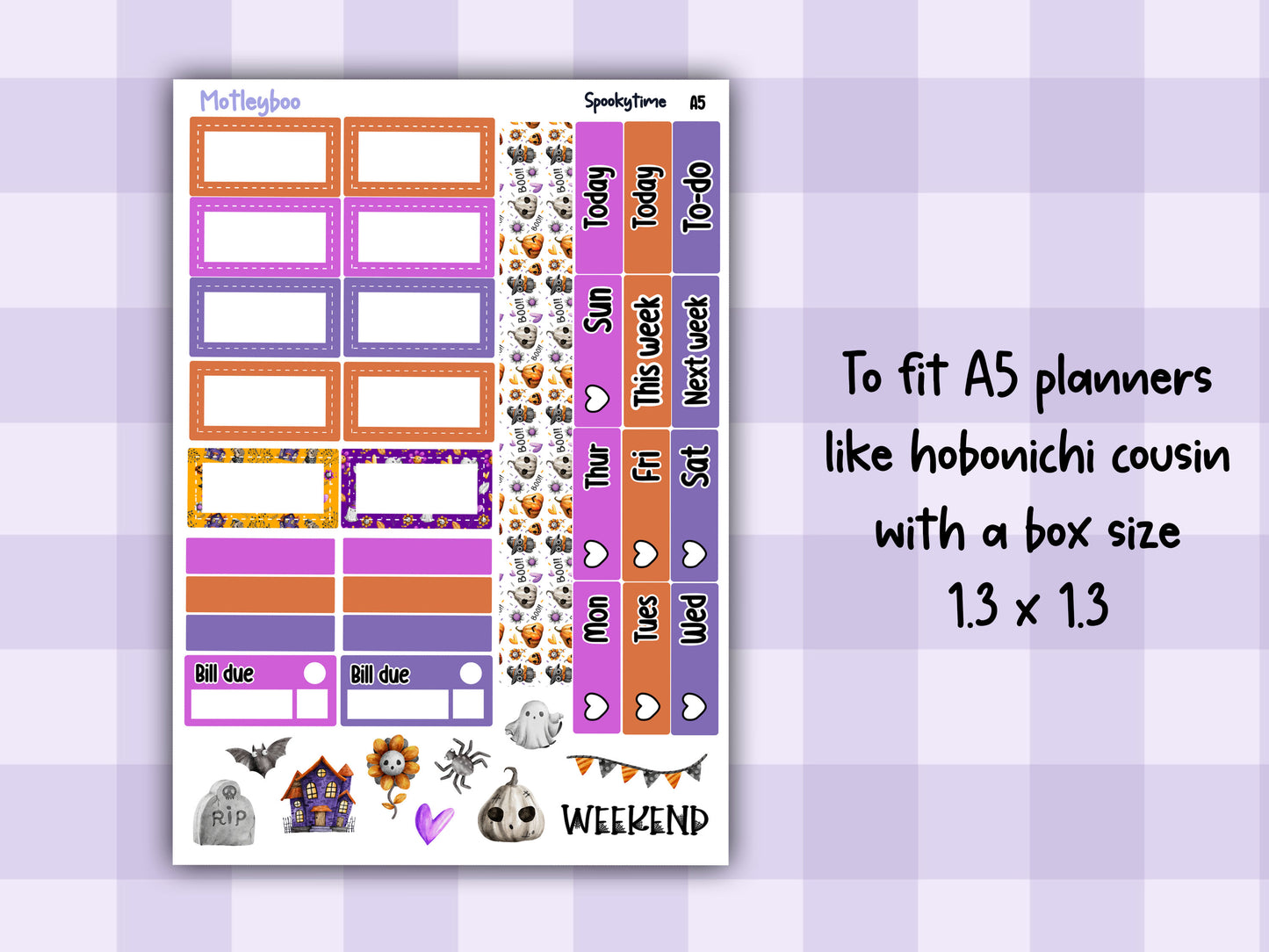 A5 halloween Hobonichi cousin planner sticker kit, Spookytime
