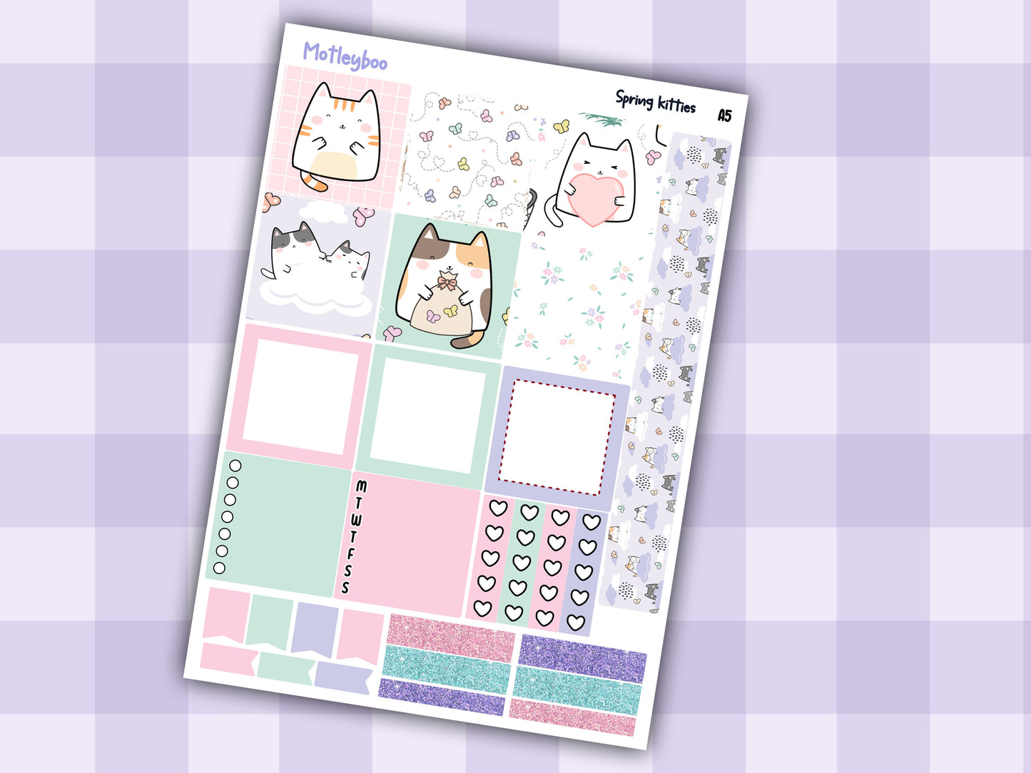 Spring kitties Hobonichi planner sticker kit, cat stickers, hobonichi cousin sticker kit