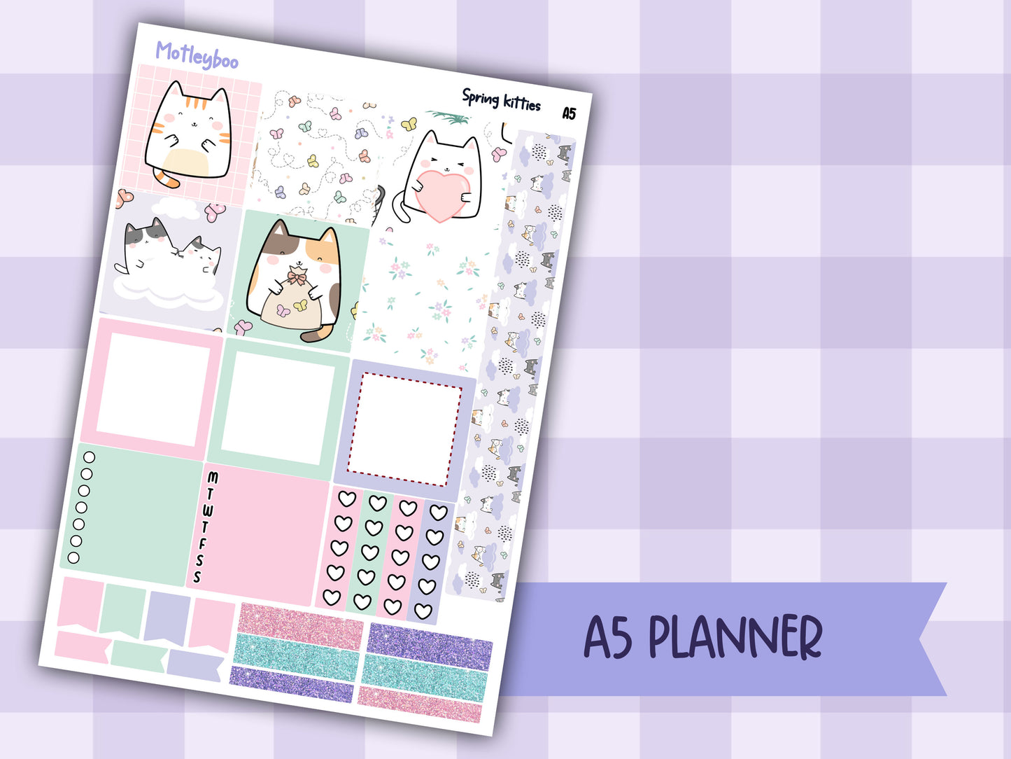 Spring kitties Hobonichi planner sticker kit, cat stickers, hobonichi cousin sticker kit