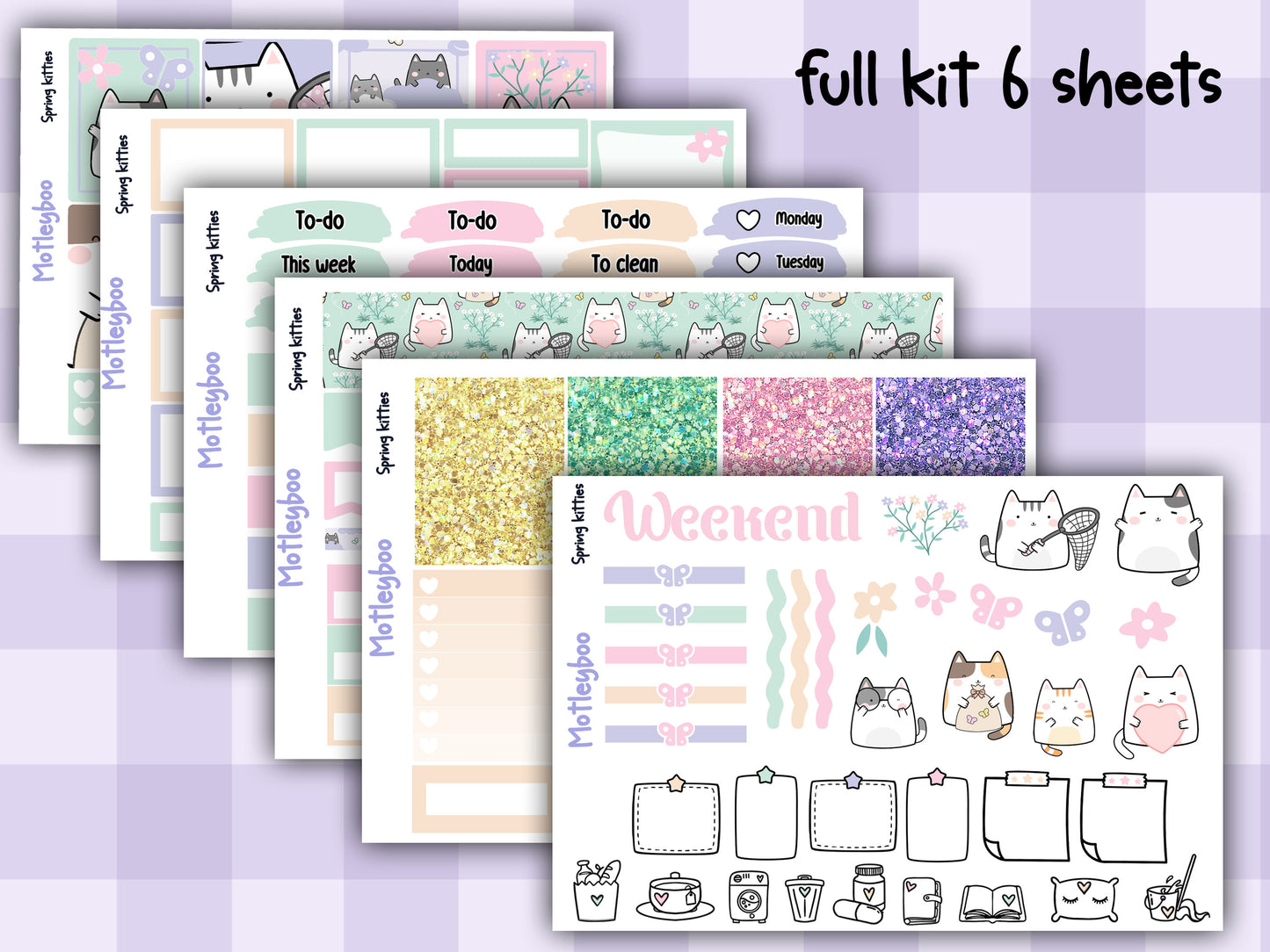 Weekly Planner Sticker Kit, Springtime Vertical Planning Stickers, Spring kitties