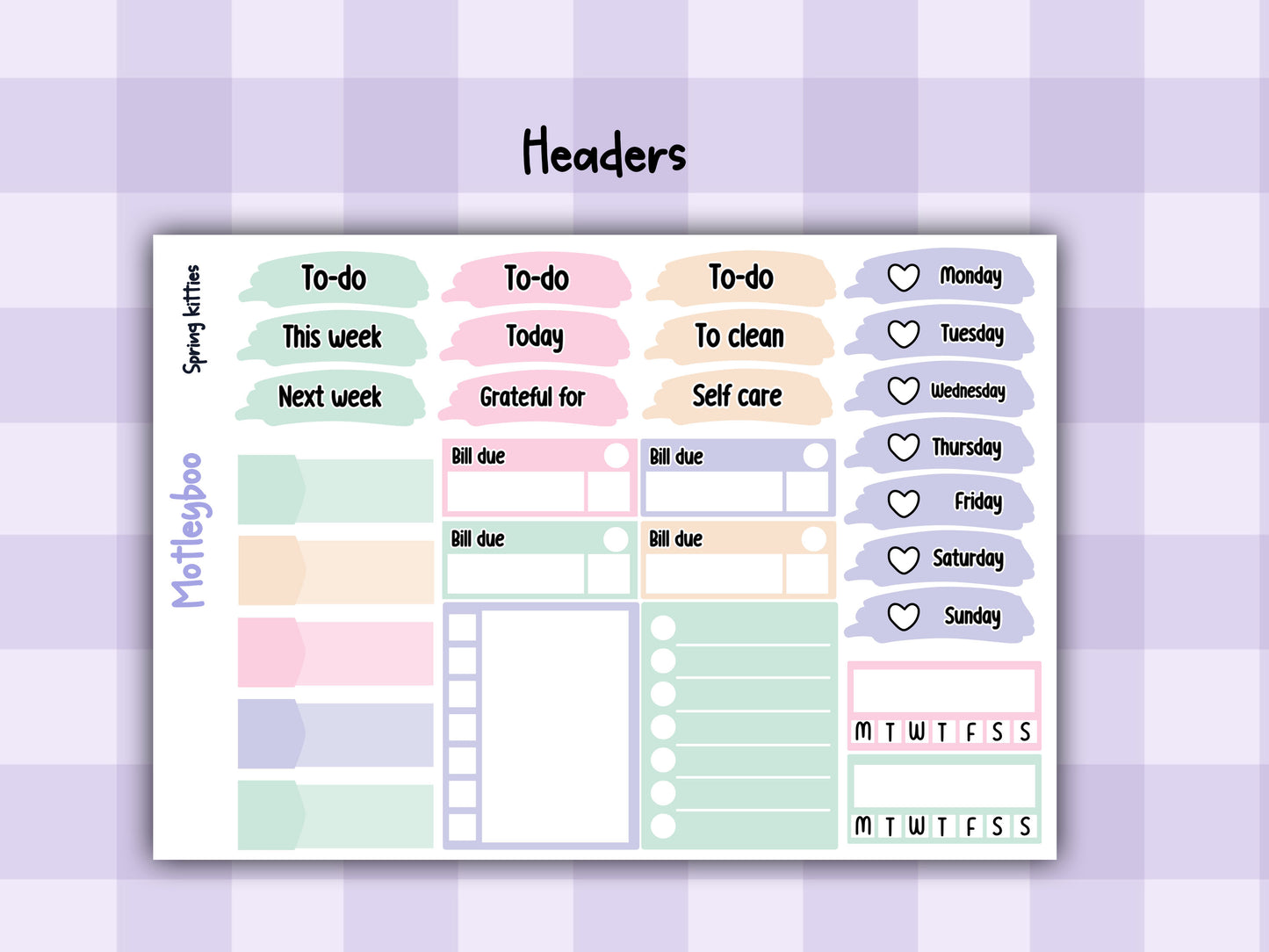 Weekly Planner Sticker Kit, Springtime Vertical Planning Stickers, Spring kitties