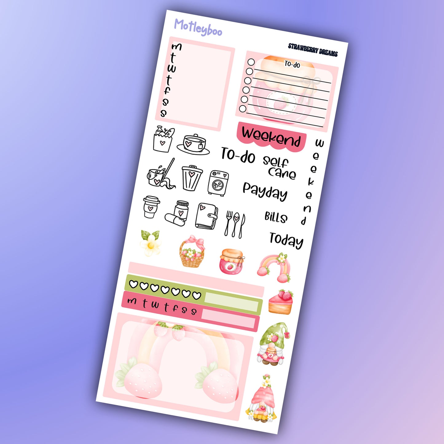 Hobonichi weeks kit, weekly sticker kit, strawberry stickers, gnome stickers, functional sticker, strawberry dreams