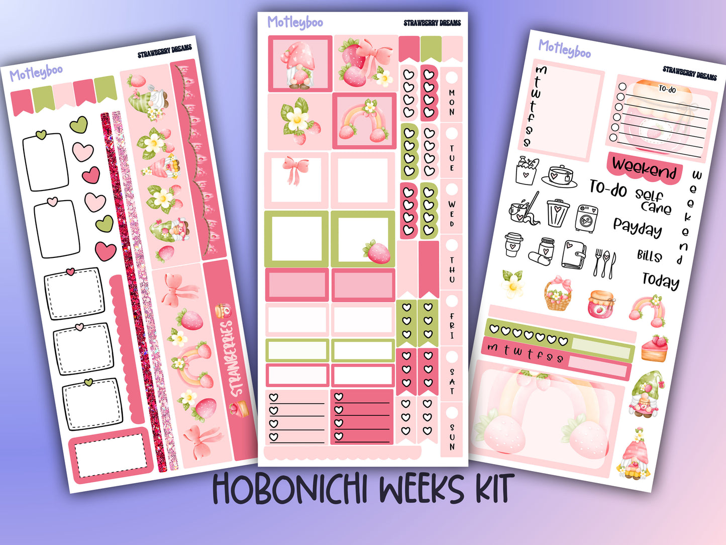 Hobonichi weeks kit, weekly sticker kit, strawberry stickers, gnome stickers, functional sticker, strawberry dreams