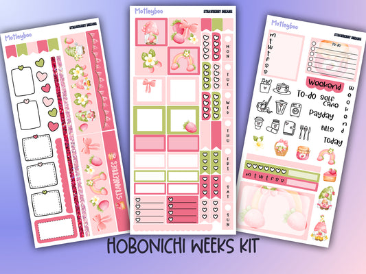 Hobonichi weeks kit, weekly sticker kit, strawberry stickers, gnome stickers, functional sticker, strawberry dreams