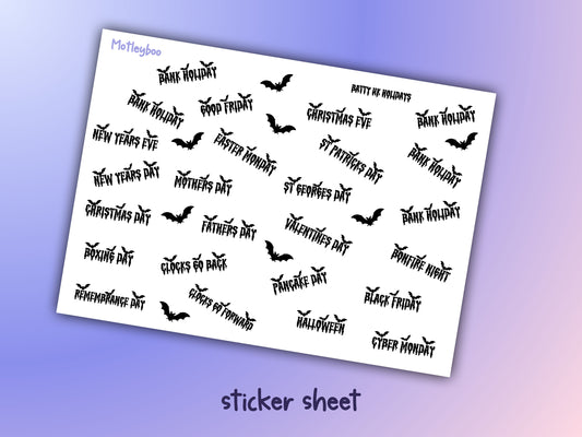 UK holiday planner stickers, planner stickers, date stickers, word stickers, gothic stickers, holiday stickers, halloween, dates for diary