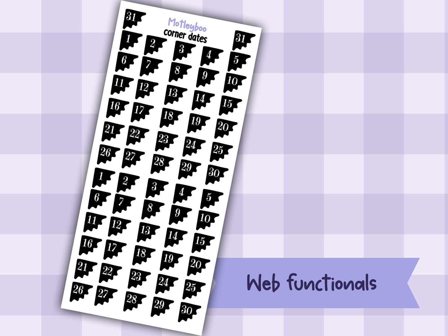 Gothic Planner Stickers, Monthly headers, Black and White, spiderweb collection corner dates