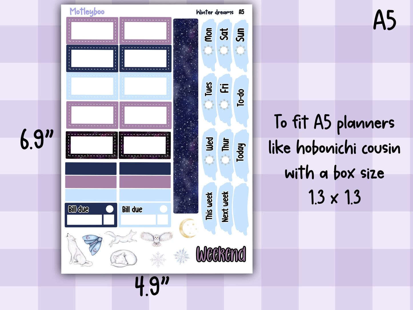 Hobonichi cousin weekly planner sticker kit, winter stickers, winter dreams