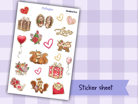 Planner sticker sheet, Valentines day stickers, woodland love
