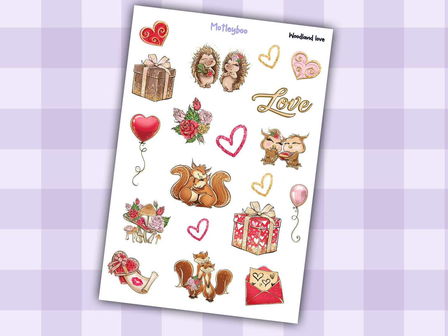Planner sticker sheet, Valentines day stickers, woodland love
