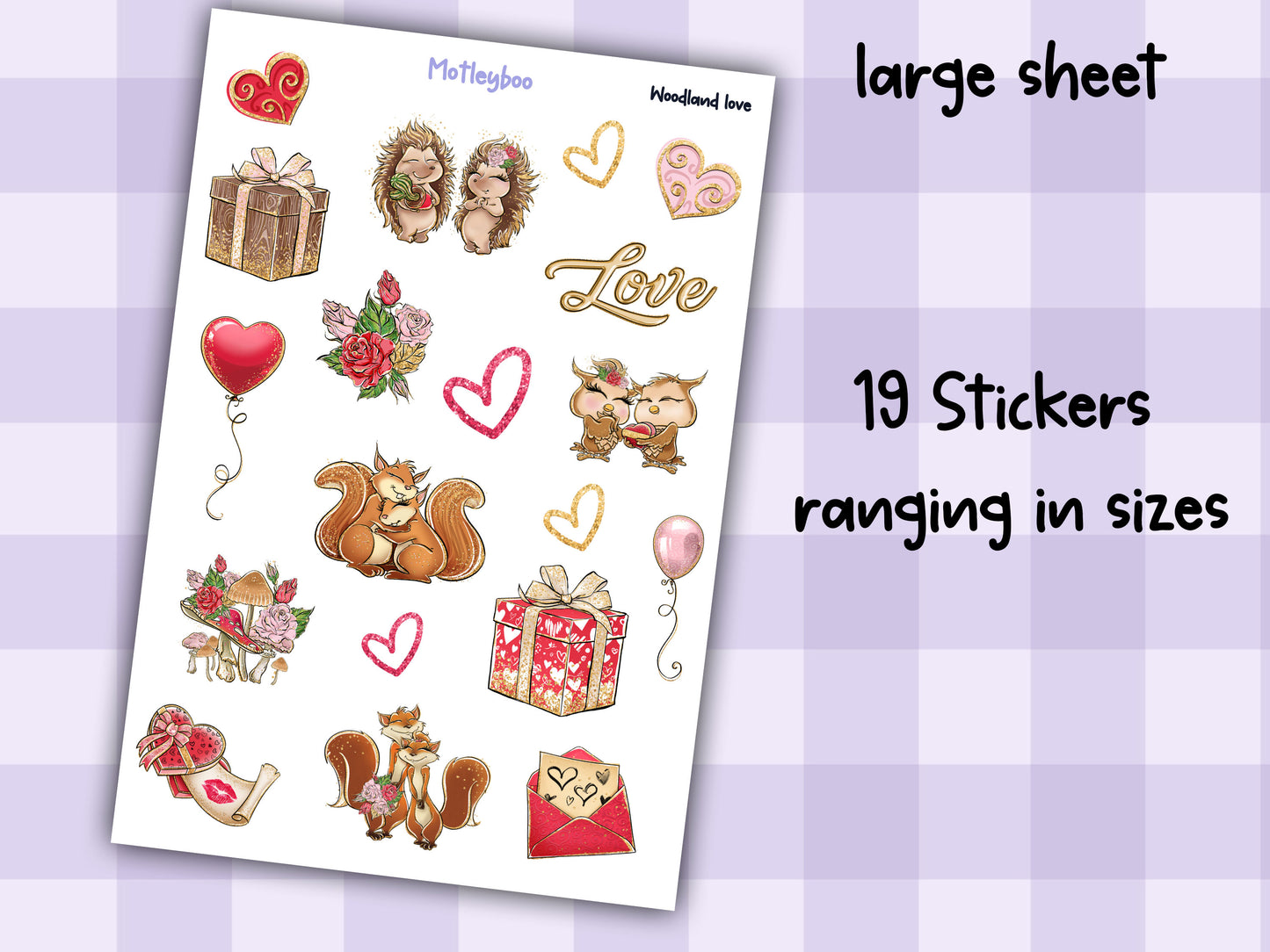 Planner sticker sheet, Valentines day stickers, woodland love