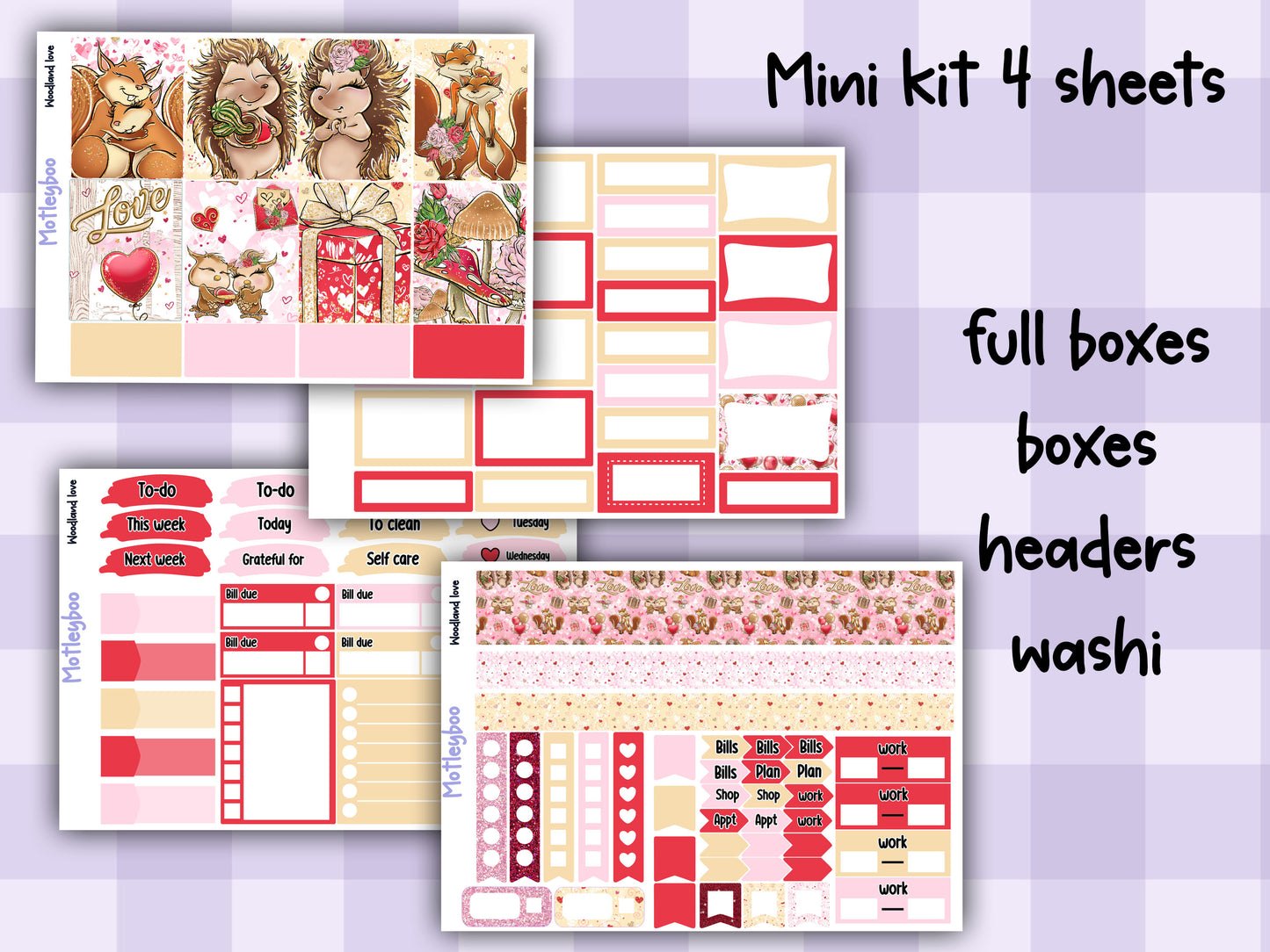 Valentines day weekly planner sticker kit, love planner stickers, cute animals sticker kit, vertical planner, cute stickers, valentines gift, woodland love
