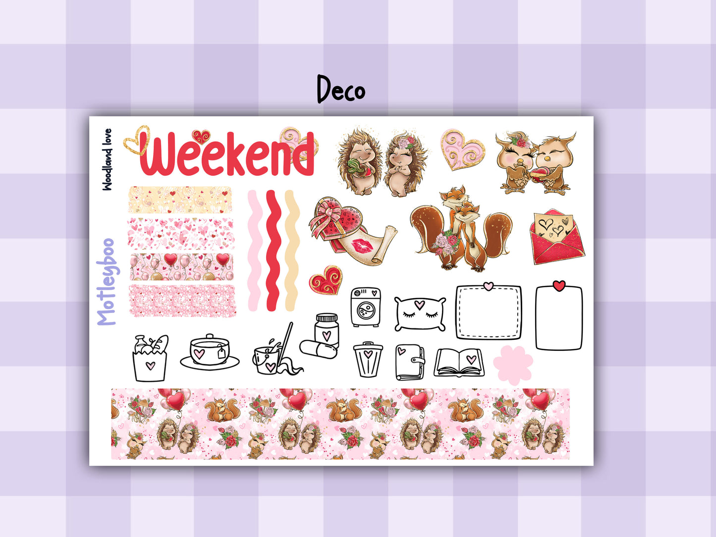 Valentines day weekly planner sticker kit, love planner stickers, cute animals sticker kit, vertical planner, cute stickers, valentines gift, woodland love