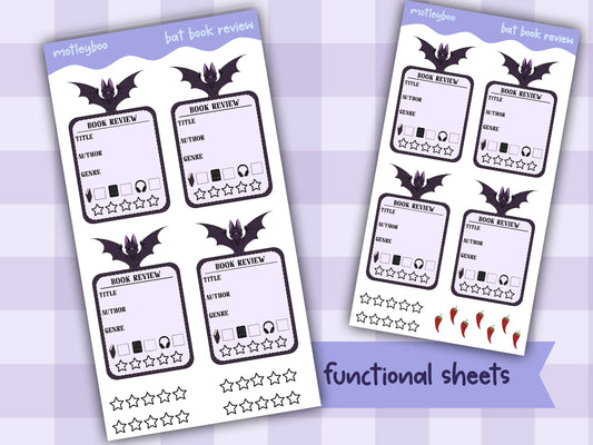 Book review sticker sheet, stickers, goth stickers, gifts for book lovers, bookish, book nerds, original art stickers, cute and fun stickers