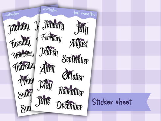 Months and weeks headers sticker sheet, goth stickers, halloween stickers, original art stickers, cute and fun stickers, bat stickers