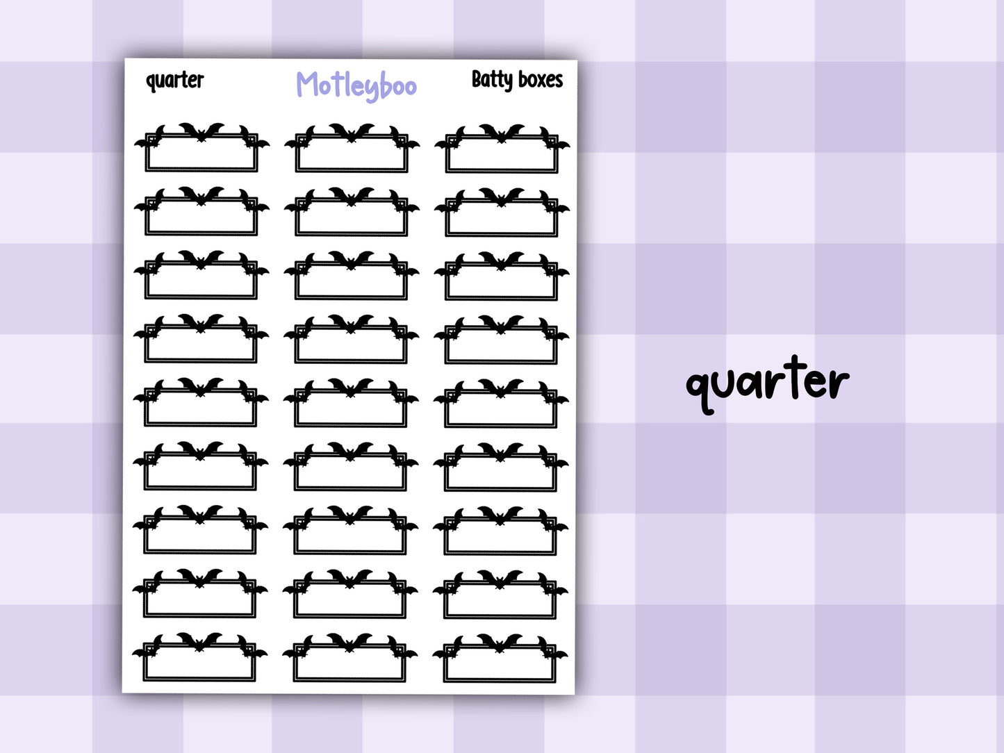 Batty Functional Planner Stickers, Quarter and Half Boxes, Goth Weekly Planner Supplies