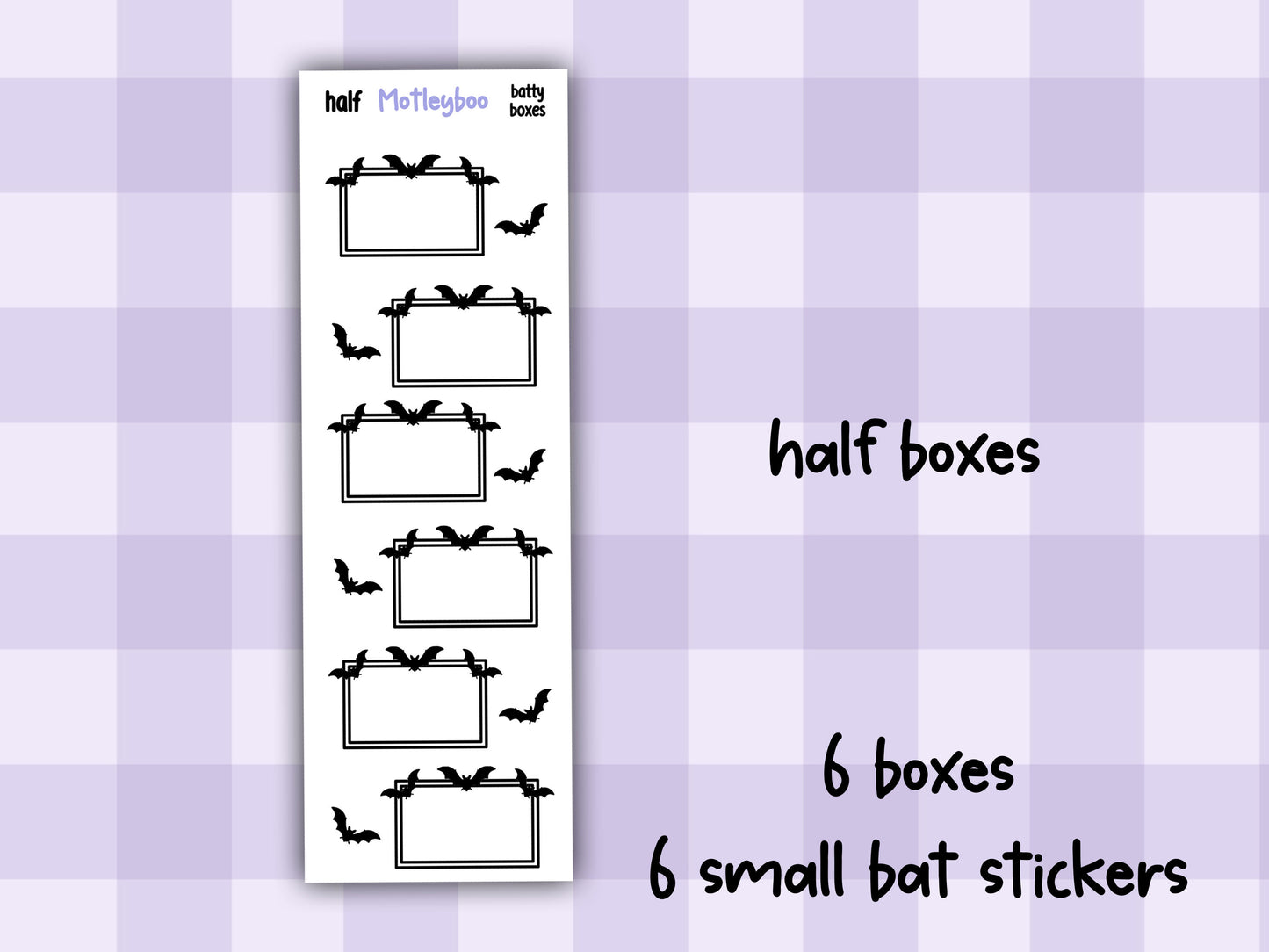 Batty Functional Planner Stickers, Quarter and Half Boxes, Goth Weekly Planner Supplies, SMALL SHEETS