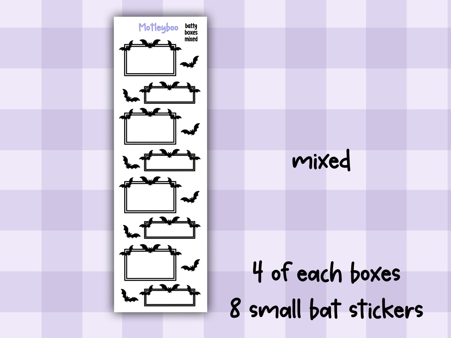 Batty Functional Planner Stickers, Quarter and Half Boxes, Goth Weekly Planner Supplies, SMALL SHEETS