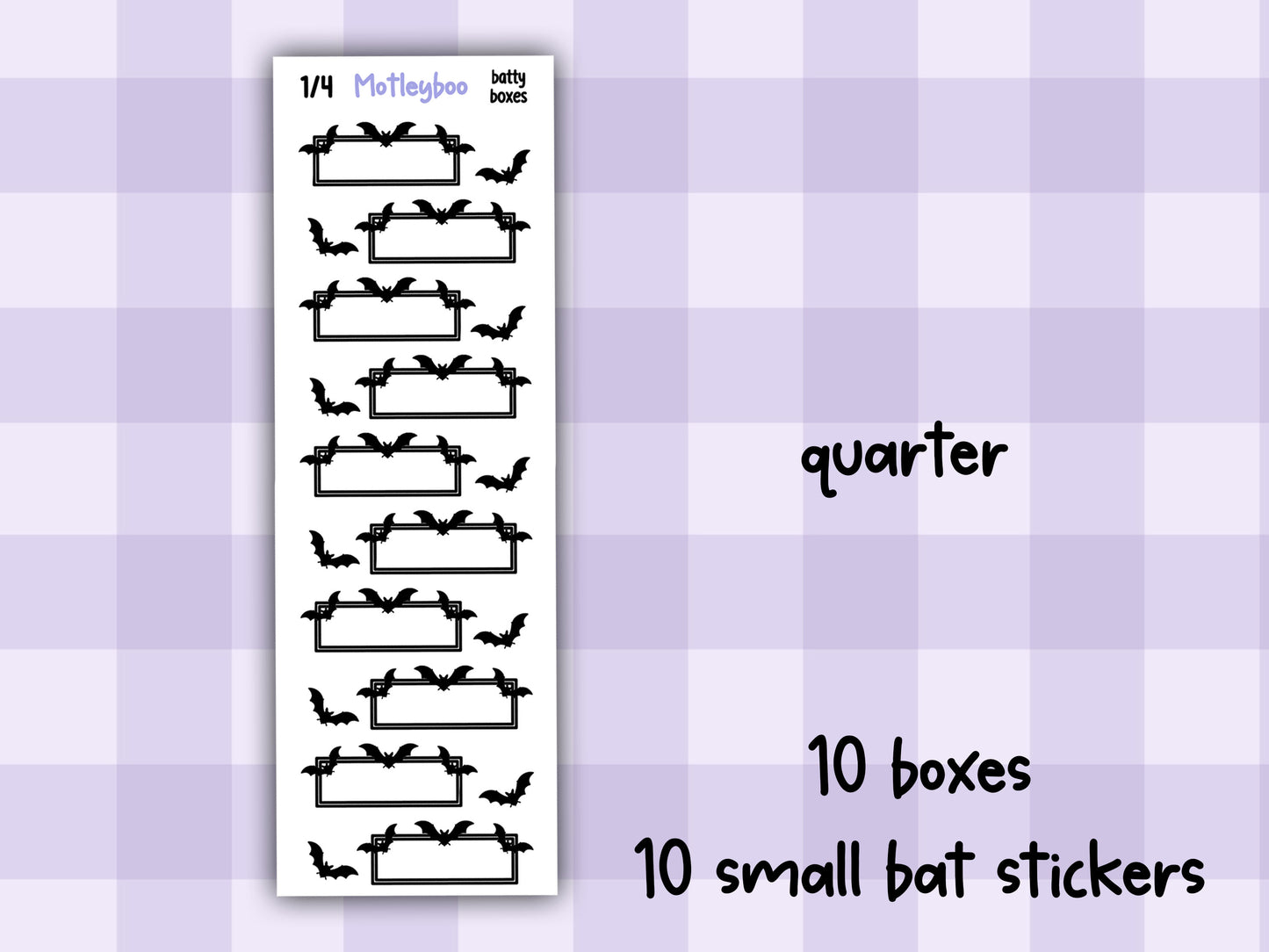 Batty Functional Planner Stickers, Quarter and Half Boxes, Goth Weekly Planner Supplies, SMALL SHEETS