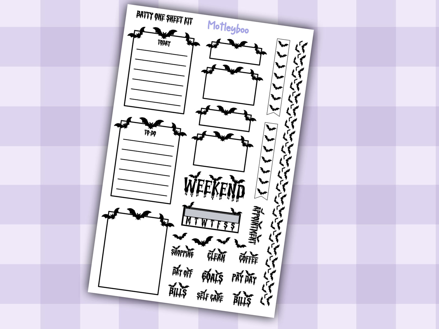Gothic Bat Weekly Planner Stickers, Functional Planner Boxes