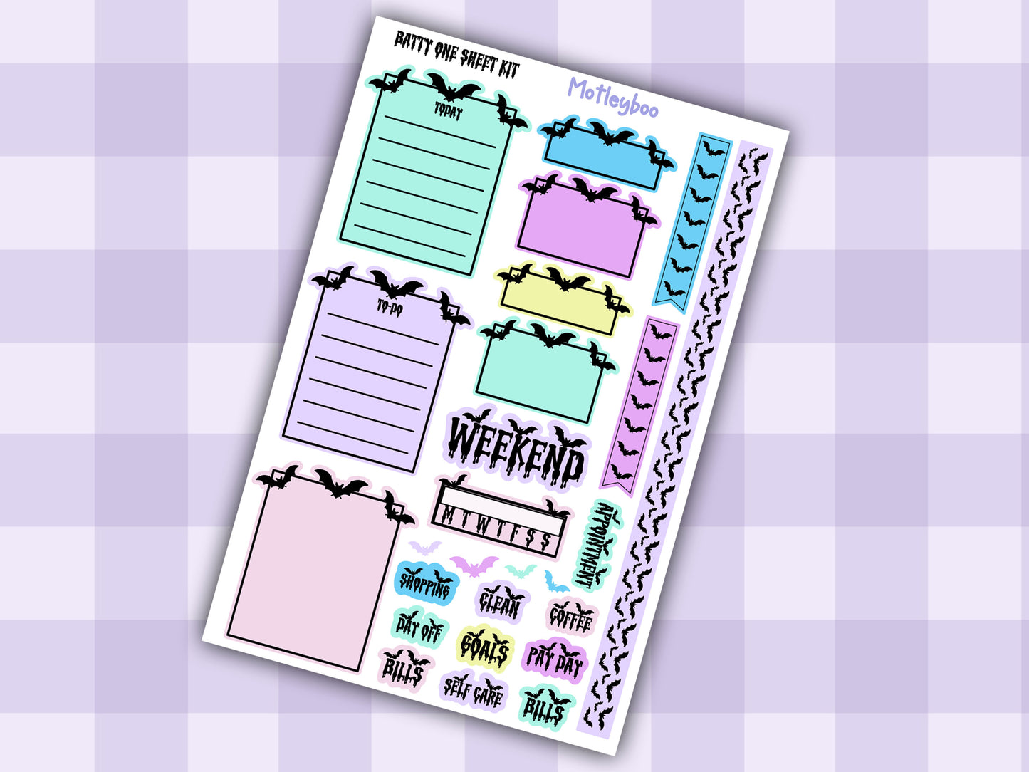 Gothic Bat Weekly Planner Stickers, Functional Planner Boxes