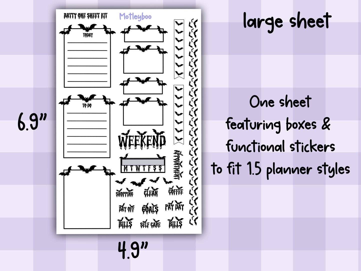 Gothic Bat Weekly Planner Stickers, Functional Planner Boxes