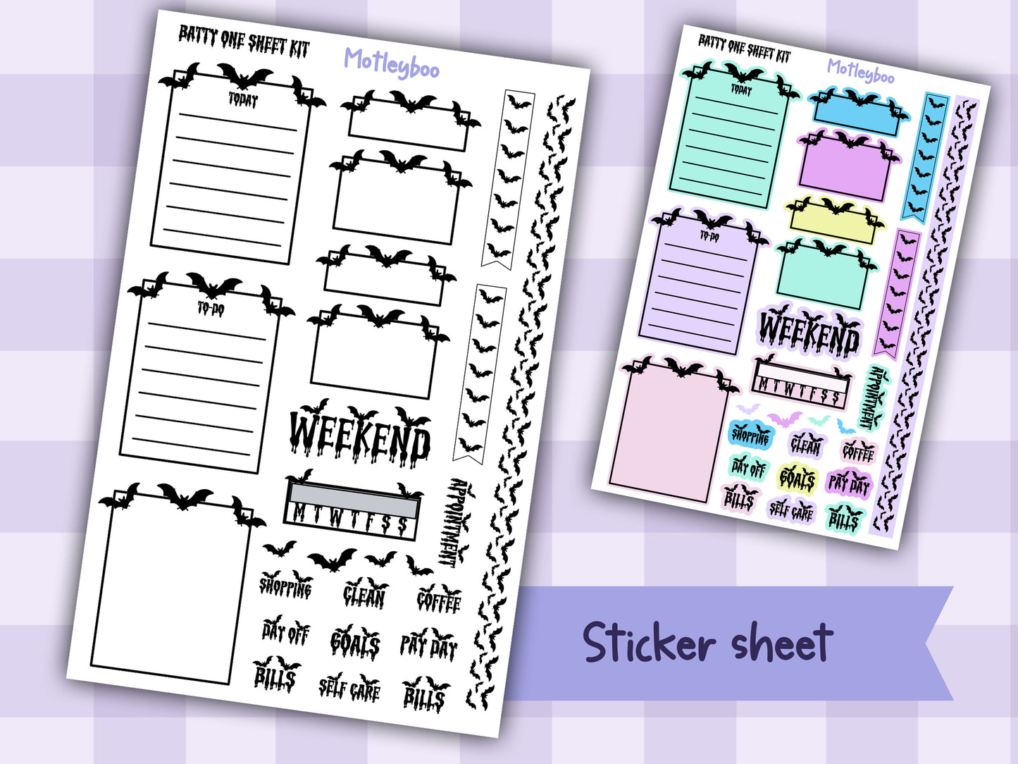 Gothic Bat Weekly Planner Stickers, Functional Planner Boxes