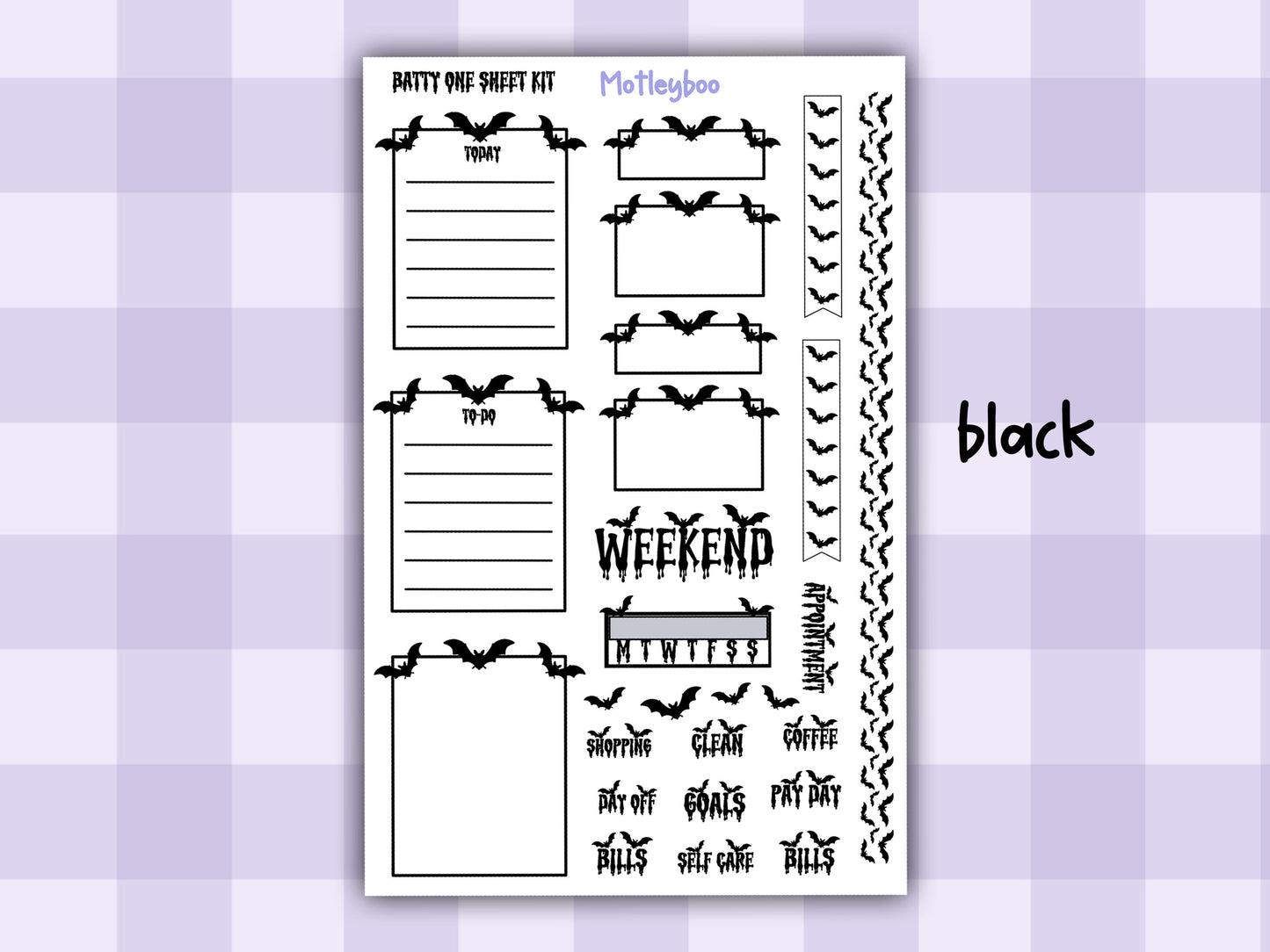 Gothic Bat Weekly Planner Stickers, Functional Planner Boxes