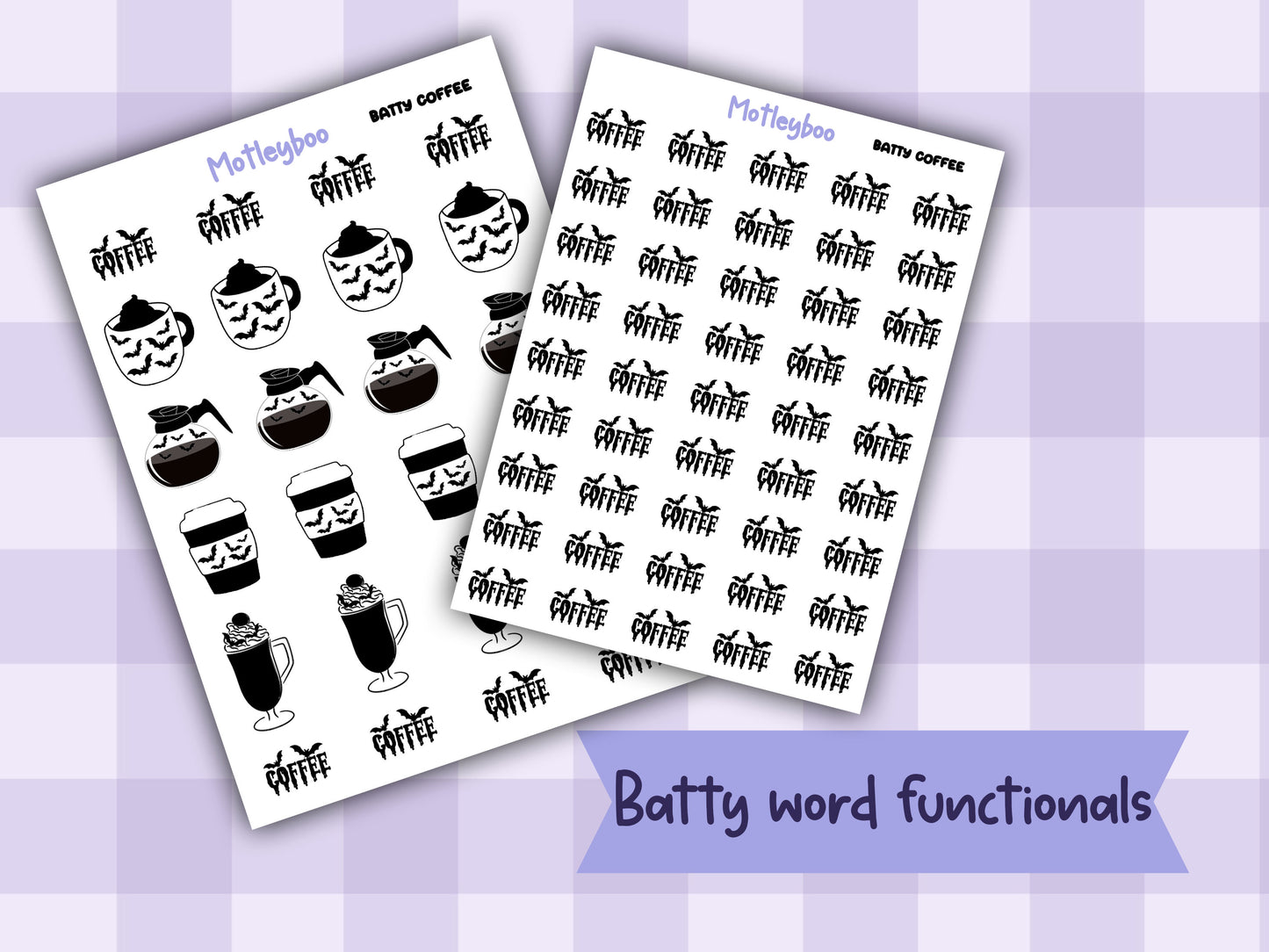 Bat Coffee Planner Stickers, Spooky Goth Functional Words (Batty Collection)