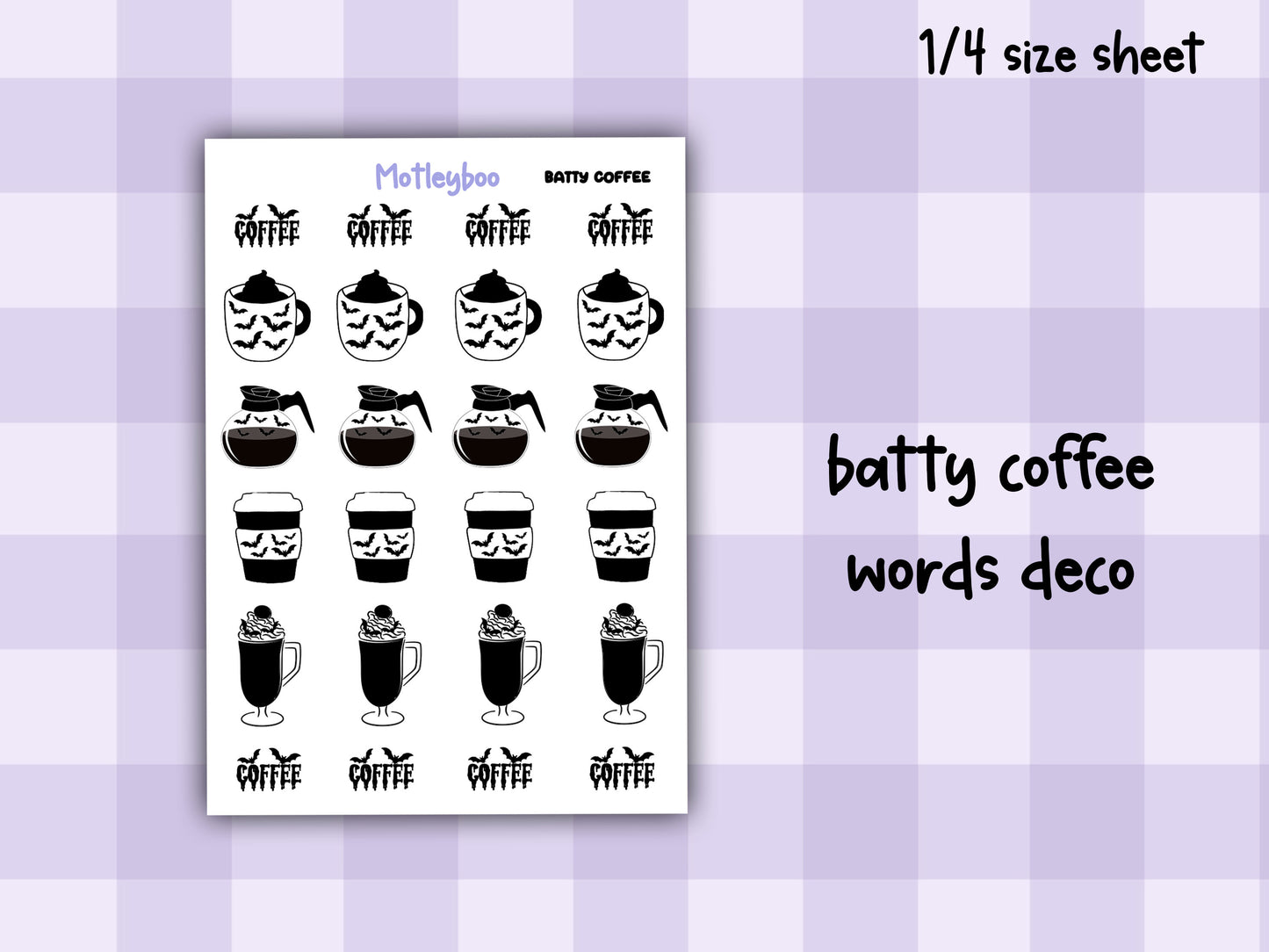 Bat Coffee Planner Stickers, Spooky Goth Functional Words (Batty Collection)